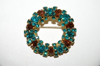 **MBA #E45-241   "Vintage Green & Brown Rhinestone Round Pin"