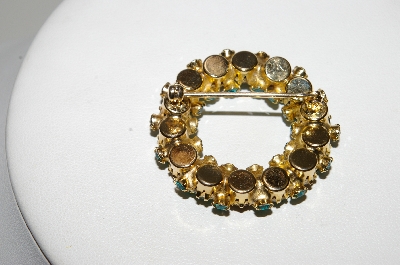 **MBA #E45-241   "Vintage Green & Brown Rhinestone Round Pin"