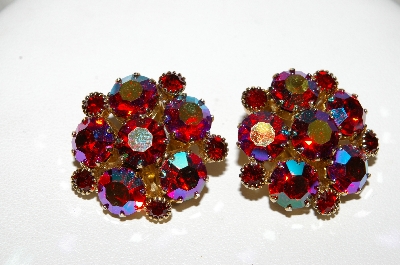 +MBA #E45-271    "Weiss Goldtone Red AB Crystal Rhinestone Clip On Earrings"