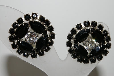 +MBA #E45-248   "Weiss Silvertone Black Glass & Clear Rhinestone Clip On Earrings"