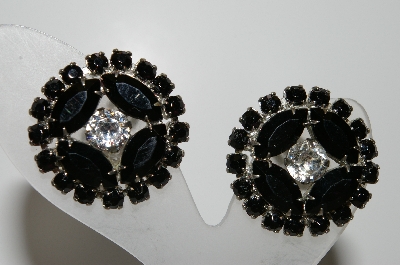 +MBA #E45-248   "Weiss Silvertone Black Glass & Clear Rhinestone Clip On Earrings"