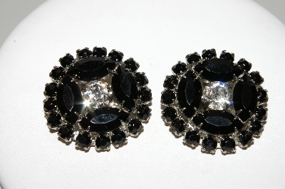 +MBA #E45-248   "Weiss Silvertone Black Glass & Clear Rhinestone Clip On Earrings"
