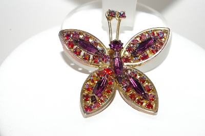 **MBA #E45-204   "Vintage Gold Plated Purple Glass & Red AB Crystal Rhinestone Butterfly Pin"