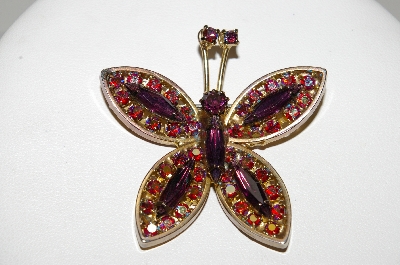 **MBA #E45-204   "Vintage Gold Plated Purple Glass & Red AB Crystal Rhinestone Butterfly Pin"