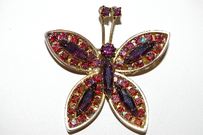 **MBA #E45-204   "Vintage Gold Plated Purple Glass & Red AB Crystal Rhinestone Butterfly Pin"