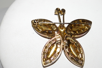 **MBA #E45-204   "Vintage Gold Plated Purple Glass & Red AB Crystal Rhinestone Butterfly Pin"
