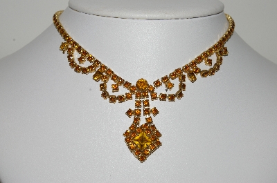+MBA #E45-087   "Vintage Goldtone Citrine & Brown Rhinestone Necklace/Choker "
