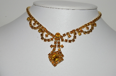 +MBA #E45-087   "Vintage Goldtone Citrine & Brown Rhinestone Necklace/Choker "