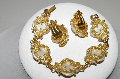 +MBA #E45-164   "Judy Lee Goldtone Fancy Faux Pearl Bracelet & Earring Set"