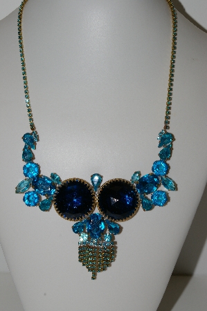 +MBA #E45-110   "Vintage Goldtone Czech Blue Acrylic & Glass Rhinestone Fancy Necklace"