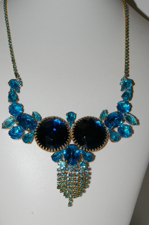 +MBA #E45-110   "Vintage Goldtone Czech Blue Acrylic & Glass Rhinestone Fancy Necklace"