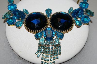 +MBA #E45-110   "Vintage Goldtone Czech Blue Acrylic & Glass Rhinestone Fancy Necklace"