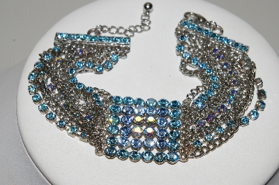 +MBA #E45-149   "Vintage Silvertone Blue AB Crystal Rhinestone Bracelet"