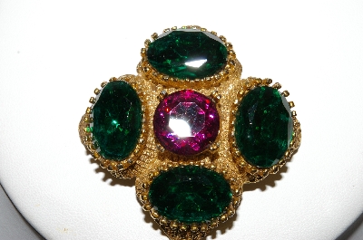 +MBA #E45-236   "Capri Gold Plated Green & Pink Stone Pin/Pendant Combo"