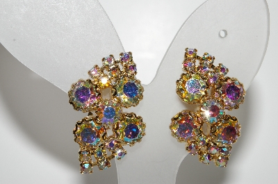 +MBA #E45-001    "Vintage Gold Tone Fancy AB Crystal Rhinestone Clip On Earrings"
