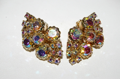 +MBA #E45-001    "Vintage Gold Tone Fancy AB Crystal Rhinestone Clip On Earrings"
