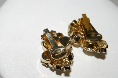 +MBA #E45-001    "Vintage Gold Tone Fancy AB Crystal Rhinestone Clip On Earrings"