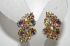 +MBA #E45-001    "Vintage Gold Tone Fancy AB Crystal Rhinestone Clip On Earrings"