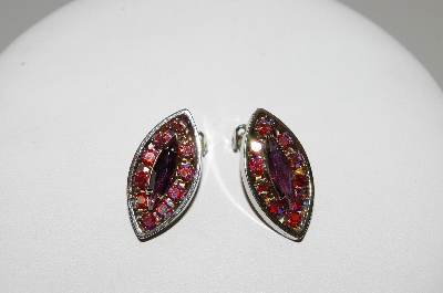 +MBA #E45-209   "Vintage Silvertone Purple Glass & Red AB Crystal Rhinestone Clip On Earrings"