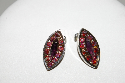 +MBA #E45-209   "Vintage Silvertone Purple Glass & Red AB Crystal Rhinestone Clip On Earrings"