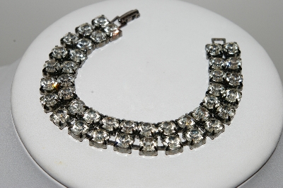 +MBA #E45-131   "Vintage Antiqued Silvertone Two Row Clear Crystal Rhinestone Bracelet"