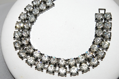 +MBA #E45-131   "Vintage Antiqued Silvertone Two Row Clear Crystal Rhinestone Bracelet"