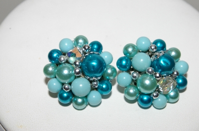 +MBA #E45-244   "Vintage Made In Japan Blue Bead Cluster Earrings"