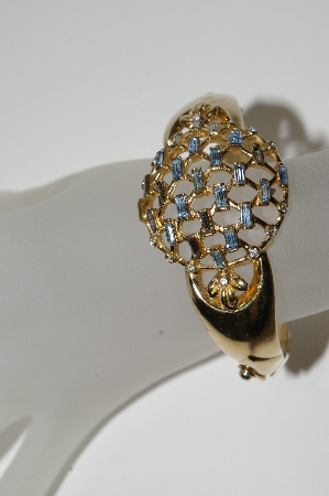 +MBA #E45-159   "Judy Lee Gold Plated Blue Rhinestone Hinged Bracelet"