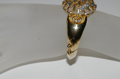 +MBA #E45-159   "Judy Lee Gold Plated Blue Rhinestone Hinged Bracelet"