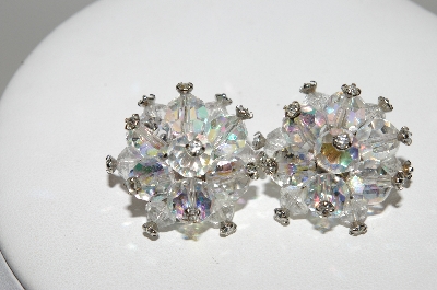 +MBA #E46-142   "Vintage Silvertone Fancy AB Crystal & Rhinestone Clip On Earrings"