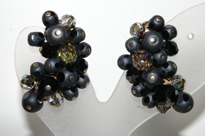 +MBA #E46-118   "Laguna Black Glass Bead Clip On Earrings"