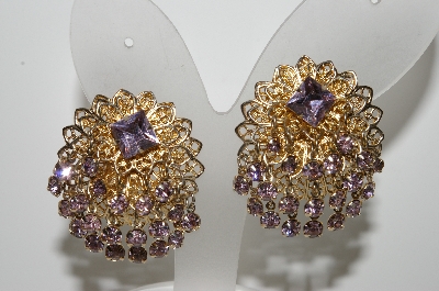 +MBA #E46-124   "Vintage Goldtone Fancy Filigree Lavender Rhinestone Clip On Earrings"