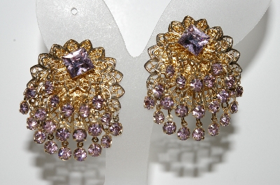 +MBA #E46-124   "Vintage Goldtone Fancy Filigree Lavender Rhinestone Clip On Earrings"
