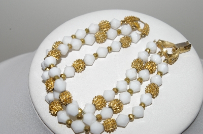 +MBA #E46-158   "Trifari Goldtone White Glass Bead 3 Row Bracelet"