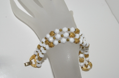 +MBA #E46-158   "Trifari Goldtone White Glass Bead 3 Row Bracelet"
