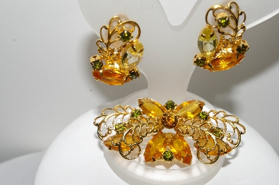 +MBA #E46-105   "Vintage Goldtone  Citrine & Green Rhinestone Fancy Pin & Earring Set"