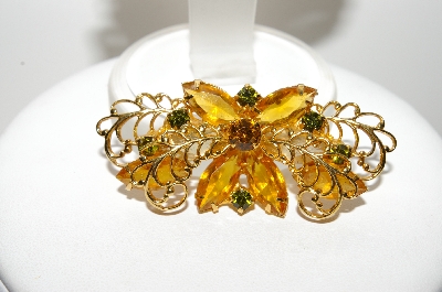 +MBA #E46-105   "Vintage Goldtone  Citrine & Green Rhinestone Fancy Pin & Earring Set"