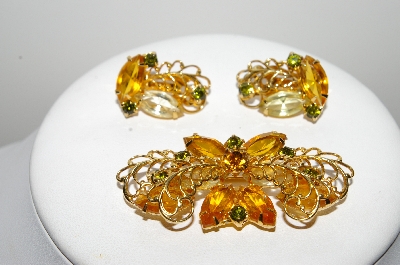 +MBA #E46-105   "Vintage Goldtone  Citrine & Green Rhinestone Fancy Pin & Earring Set"