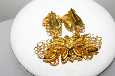 +MBA #E46-105   "Vintage Goldtone  Citrine & Green Rhinestone Fancy Pin & Earring Set"