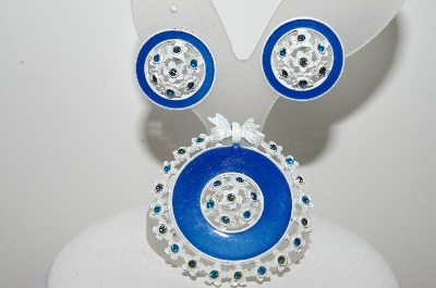 +MBA #E46-111   "Florenza White & Blue Enamel Rhinestone Pin & Earring Set"