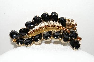 **MBA #E46-054   "Vintage Gold Plated Black Glass & Brown Rhinestone Fancy Leaf Pin"