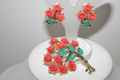 +MBA #E46-098   "JJ  Jonette Jewelry Co. Goldtone Pink Rose Pin & Matching Earring Set"