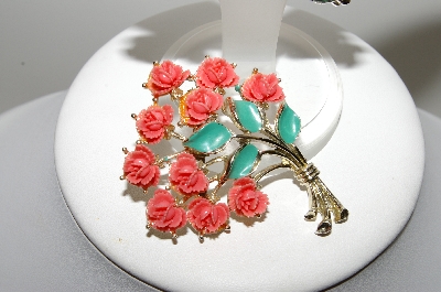 +MBA #E46-098   "JJ  Jonette Jewelry Co. Goldtone Pink Rose Pin & Matching Earring Set"