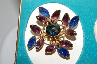 +MBA #E46-166  "Vintage Set Of Fashion Jewels Blue & Purple Glass Stone Pin & Earrings "