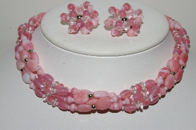 +MBA #E46-010   "Vintage Fancy Pink Glass 4 Strand  Necklace With Matching Earrings"
