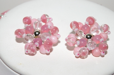 +MBA #E46-010   "Vintage Fancy Pink Glass 4 Strand  Necklace With Matching Earrings"
