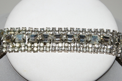 +MBA #E47-086   "Vintage Silvertone Round & Emerals Cut Clear Crystal Rhinestone Bracelet"