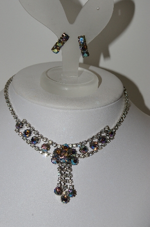 +MBA #E47-007   "Vintage Silvertone AB & Clear Crystal Rhinestone Choker & Earring Set"