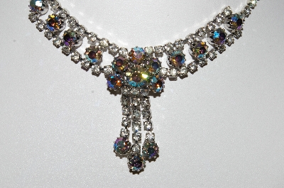 +MBA #E47-007   "Vintage Silvertone AB & Clear Crystal Rhinestone Choker & Earring Set"
