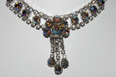 +MBA #E47-007   "Vintage Silvertone AB & Clear Crystal Rhinestone Choker & Earring Set"